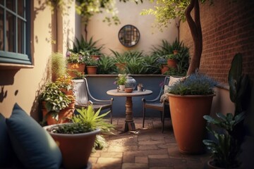 Intimate Terrace with Seating and Water Feature, AI Generated