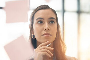 Face, office brainstorming and woman thinking of notes for research, agenda and mindmap at window....