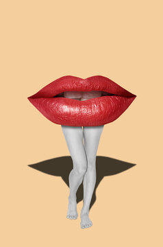 Collage in dada style with red female lips and naked female legs