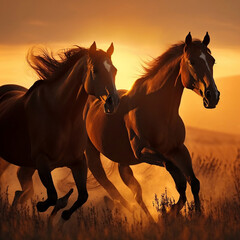 Fototapeta na wymiar Two chestnut horses galloping in a sunlit field at sunset, Generative Ai