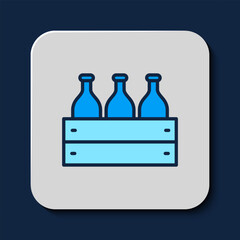 Filled outline Bottles of wine in a wooden box icon isolated on blue background. Wine bottles in a wooden crate icon. Vector