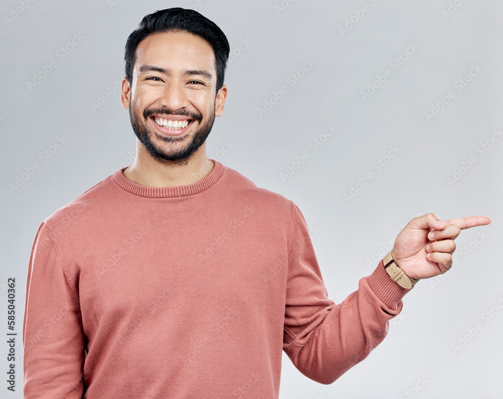 Poster smile, space and portrait of indian man pointing with mockup and product placement isolated on white