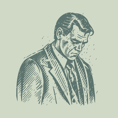 Sad man looking down. Business got bankrupt. Woodcut engraving style hand drawn vector illustration. Optimized vector. 