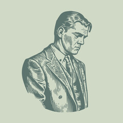 Sad man looking down. Business got bankrupt. Woodcut engraving style hand drawn vector illustration. Optimized vector. 