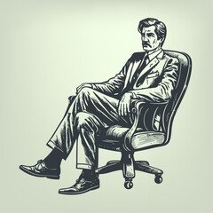 Boss businessman sitting i a chair. Woodcut engraving style hand drawn vector illustration. Optimized vector. 