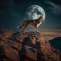 A wolf is standing atop a rocky hillside under the light of a full moon, Generative Ai