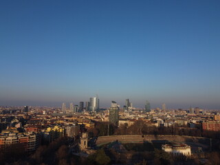 Aerial footage of park and sunset in Milan