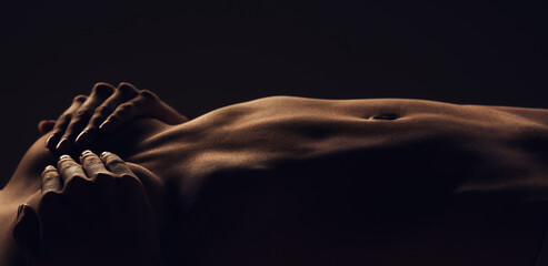 Stomach, woman and breast silhouette dark background of skin, body and model with glow, light and...