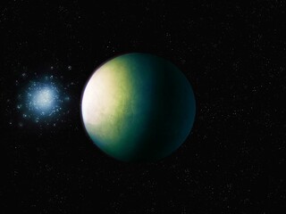 Distant planet is illuminated by a constellation of blue stars. Super-Earth on a black background. Amazing alien world.