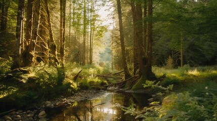 Fototapeta na wymiar A peaceful forest clearing bathed in warm sunlight, surrounded by tall trees and lush foliage, with a gentle stream trickling through the undergrowth and a distant mountain range visible.generative Ai