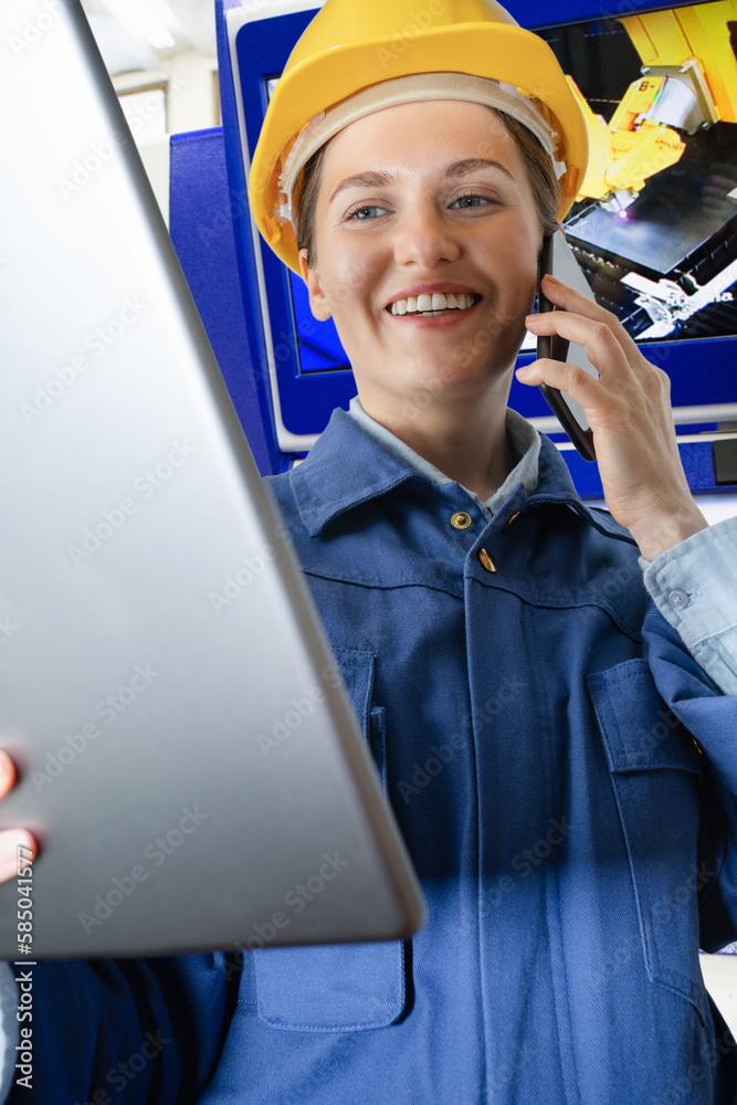 Poster woman engineer with digital tablet and phone on a smart factory. close up