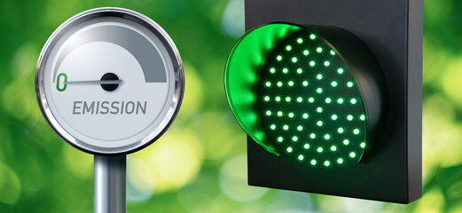 Green traffic light and gauge with inscription EMISSION. Symbol of  sustainable energy and...
