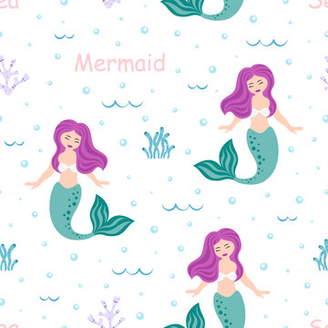 cartoon seamless pattern with mermaid, vector illustration