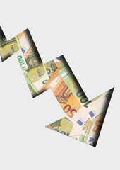 Concept arrow going down for stock trading with euro banknotes. Losing money