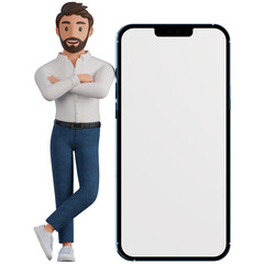 3D character businessman in a shirt leans on the phone