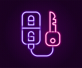 Glowing neon line Car key with remote icon isolated on black background. Car key and alarm system. Colorful outline concept. Vector