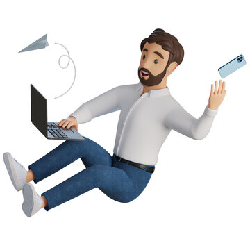 3D Marketing manager character solves problems in flight with laptop and phone