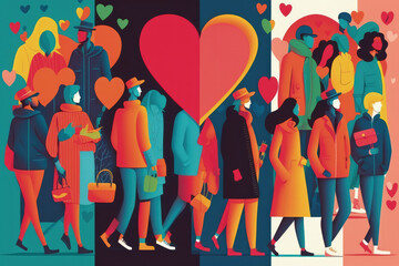 Fototapeta na wymiar Flat retro design: Romantic love between people. Lowers in rich colors | Generative AI Production