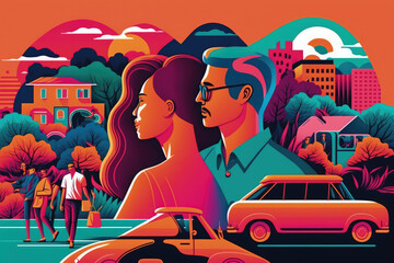 Flat retro design: Romantic love between people. Lowers in rich colors | Generative AI Production
