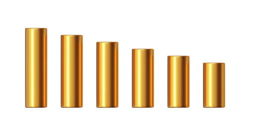 3d set cylinder or pillar gold metal on white isolated background. Golden or yellow shape golden pipe or product podium. 3d rendering illustration.