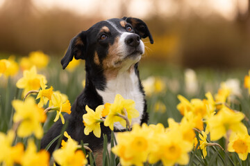 Portrait of a dog who's sitting between daffodils, appenzeller sennenhund