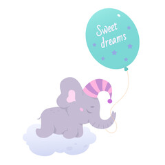 Obraz na płótnie Canvas Cute baby elephant sleeping on cloud, dreaming little animal in night hat holding balloon