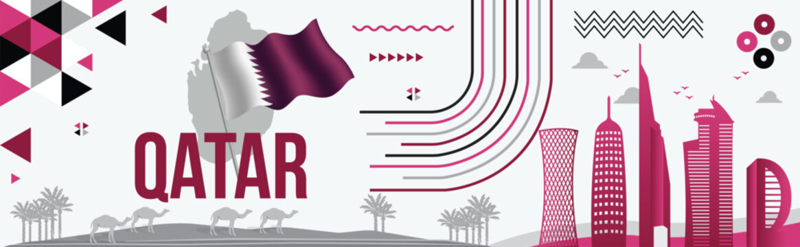 Qatar National Day Banner Design with Qatari Flag, National colors theme background, Map, Text, Doha Landmarks, Geometric Abstract Purple or Violet colors, vector Illustration, 18 December