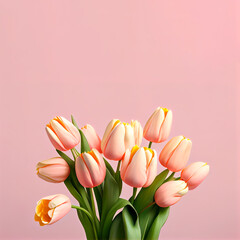 Spring bouquet of fresh pastel pink tulips on a pink background, flat lay. Romantic minimal concept with copy space. Illustration, Generative AI.