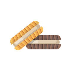 Cookies, two cereal sweet sandwiches with cream, pile of vanilla and chocolate biscuits