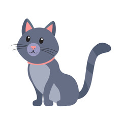 Cute cat sitting in funny pose vector illustration. Cartoon isolated little gray animal with amusing whiskers on face, domestic cat with tail and paws, friendly expression of fluffy adorable kitten