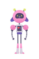 Cute toy robot girl, pink female machine character with funny eyes, smile on face