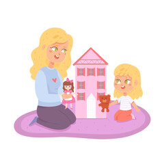 Mother and daughter playing dollhouse, mom and girl sitting on carpet near pink home