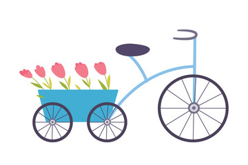 Fototapeta na wymiar Vintage bicycle with summer flowers in basket, cute retro bike carrying floral gift