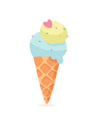 Ice cream colorful ball in cone waffle isolated on white background. Cold sweet dessert for children. Cone-shaped pastry. Vector delicious multicolor tasty fruit vanilla sundae. Summer refreshment