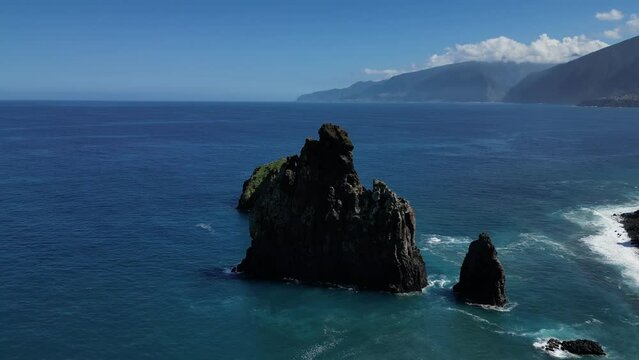 Aerial view at the Ilheus da Ribeira da Janela, rocks in ocean on Madeira island, Portugal