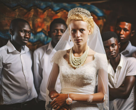 Fake poly marriage for citizenship - a white caucasian european bride in wedding dress to marry black african refugee men in the back trying to immigrate through fictional fake marriage, generative ai