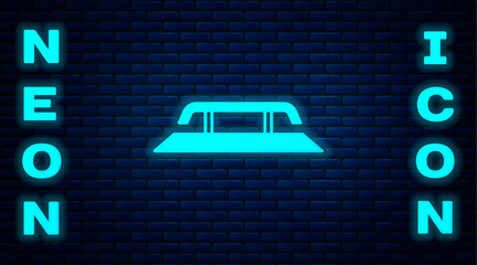 Glowing neon Skateboard stairs with rail icon isolated on brick wall background. Vector