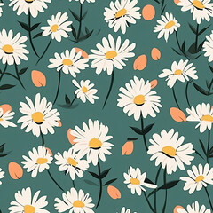 simple and elegant repeating design pattern that showcases beautiful daisy flowers. The daisies are rendered in shades of white and yellow, which stand out beautifully against the green background