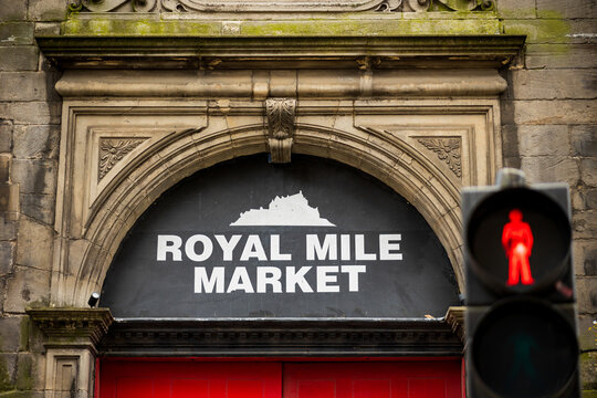 Edinburgh Scotland: 9th June 2022: The Royal Mile Market exterior singage