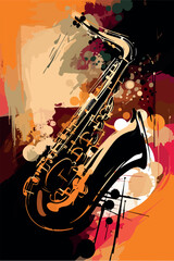 Fototapeta na wymiar Jazz poster of saxophone. Abstract vector illustration of musical instrument. Colorful performance of musician. Modern flyer drawing of saxophonist player. Concert jazzy music Live entertainment event
