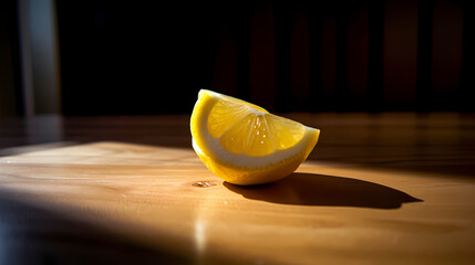Cut lemon on a wooden table with good natural lighting, 35mm lens, f/1.8 - Alternative 3 - obrazy, fototapety, plakaty