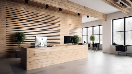 Wooden wall planks inside a modern office building with white walls - Alternative 2
