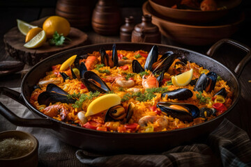 Traditional Spanish seafood paella in the pan on a wooden  table.