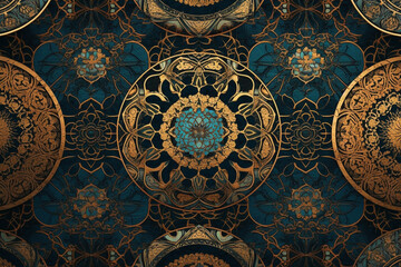 Arabic pattern background wallpaper illustration design. Intricate ornament decor with traditional arab textile decoration. Ai generated
