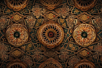 Arabic pattern background wallpaper illustration design. Intricate ornament decor with traditional arab textile decoration. Ai generated