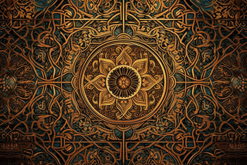 Naklejka premium Arabic pattern background wallpaper illustration design. Intricate ornament decor with traditional arab textile decoration. Ai generated