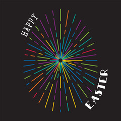Happy Easter Random Rainbow Style Egg Shape Made with Sunburst Rays and Logo Lettering Creative Concept - Multicolor Elements on Dark Background - Hand Crafted Design