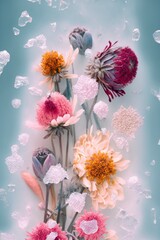 Obraz na płótnie Canvas Creative flat lay natural spring thawing concept, fresh spring colorful flowers frozen in iceberg. Ice and flowers and leaves background. Generative AI.