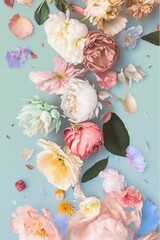 Spring background, flat lay concept of fresh Spring flowers vivid colors on a pastel blue background. Field flowers, roses and leaves. Generative AI.