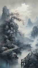 Fototapeta premium Chinese traditional landscape painting, with pavilions admist the mountain. Created by Generative AI technology.